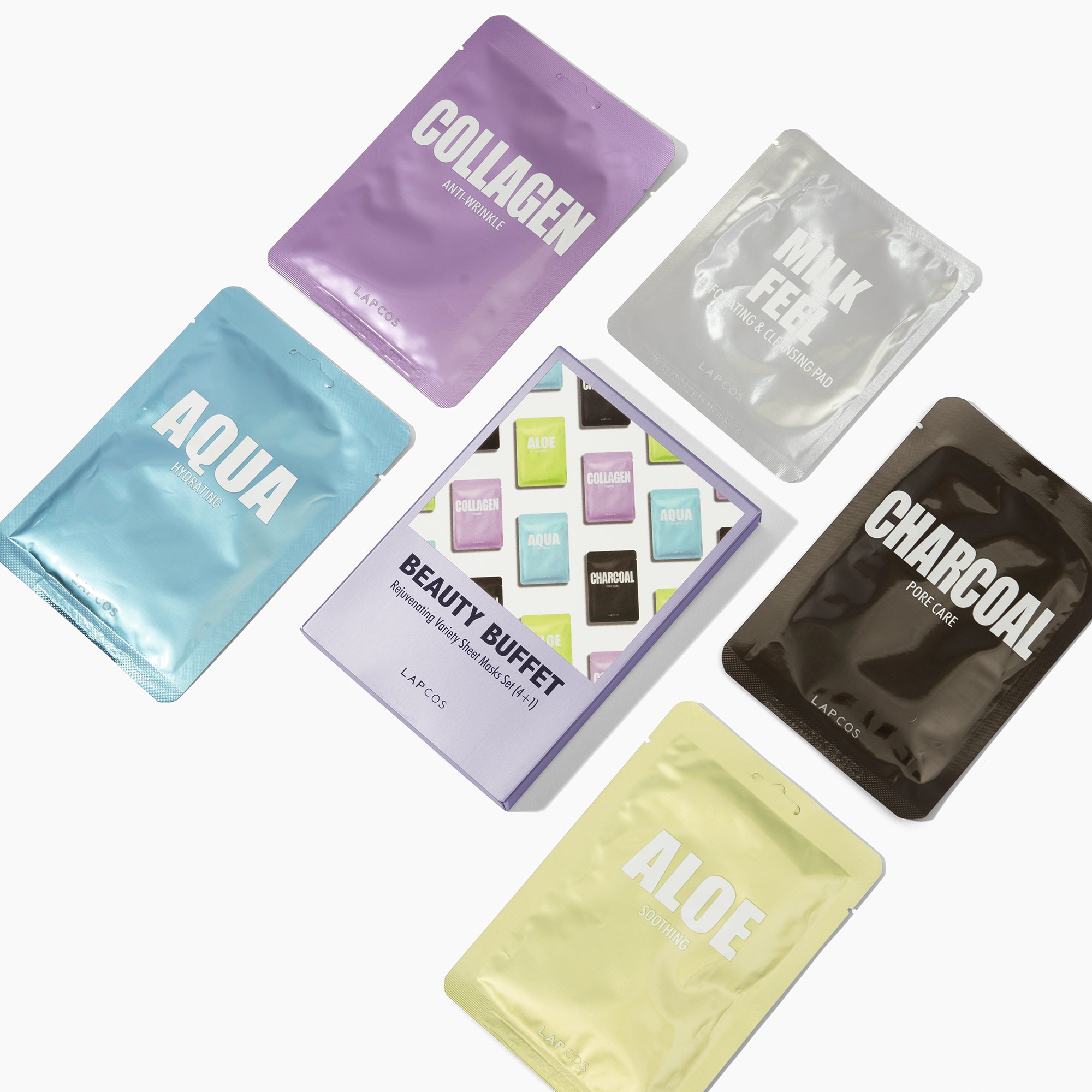 Collection of sheet masks from lapcos: collagen, milk feel, aqua, charcoal, and aloe
