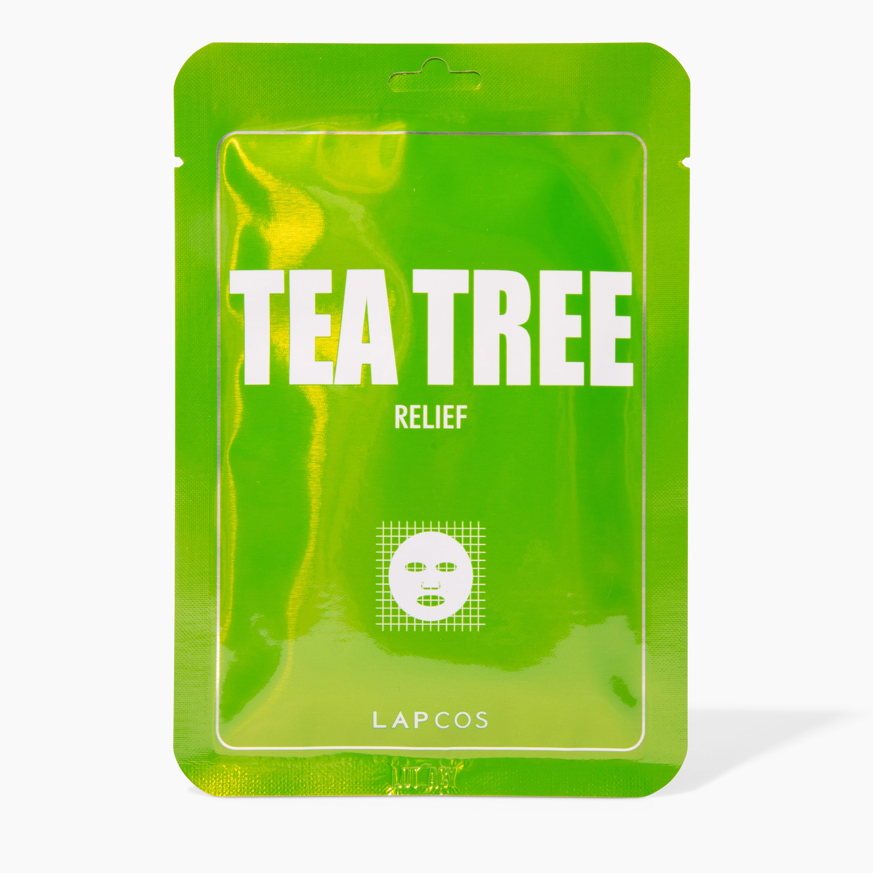 Green tea tree relief mask packaging with 'LAPCOS' branding on a white background