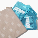 Hyaluronic acid face masks in blue packaging with a beige pouch on a white background