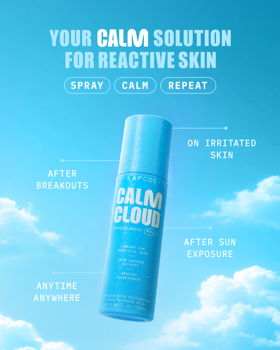 LAPCOS Calm Cloud hypochlorous acid spray in blue bottle, text reads: use on irritated skin, afetr breakouts, after sun exposure & anytime, anywhere. Spray. Calm. Repeat.