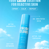 LAPCOS Calm Cloud hypochlorous acid spray in blue bottle, text reads: use on irritated skin, afetr breakouts, after sun exposure & anytime, anywhere. Spray. Calm. Repeat.