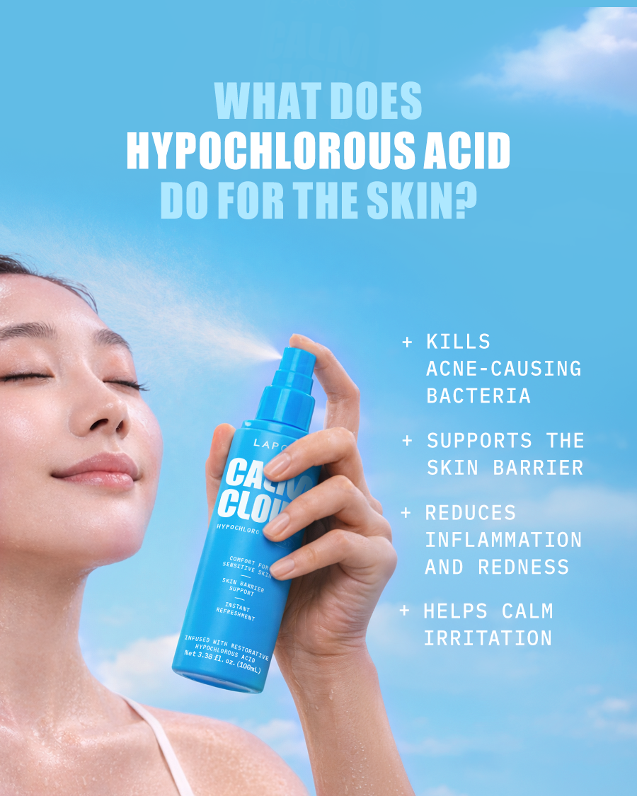 Person holding a blue lapcos bottle with text about hypochlorous acid spray benefits for skin : kills acne-causing bacteria, supports skin barrier, reduces inflammation, helps calm irritation.