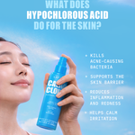 Person holding a blue lapcos bottle with text about hypochlorous acid spray benefits for skin : kills acne-causing bacteria, supports skin barrier, reduces inflammation, helps calm irritation.
