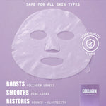 Graphic for Lapcos Collagen Face Mask that reads: Boosts collagen levels, smooths fine lines, restores bounce + elasticity, deeply hydrates, safe for all skin types