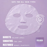 Graphic for Lapcos Collagen Face Mask that reads: Boosts collagen levels, smooths fine lines, restores bounce + elasticity, deeply hydrates, safe for all skin types