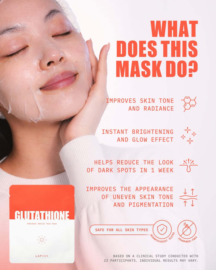 Woman wearing a GLUTATHIONE face mask from LAPCOS, text highlighting mask benefits like improved skin tone, glow effect, helps reduce the look of dark circles.
