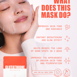 Woman wearing a GLUTATHIONE face mask from LAPCOS, text highlighting mask benefits like improved skin tone, glow effect, helps reduce the look of dark circles.