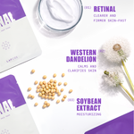 Retinal sheet mask with ingredients text: retinal, western dandelion, soybean extract