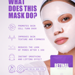 Woman wearing a retinal face mask with text "what does this mask do" and benefits list
