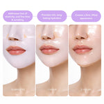 3 images showing stages of lapcos collagen overnight face mask in 10 mins, 1 hour, and 2 hours of use