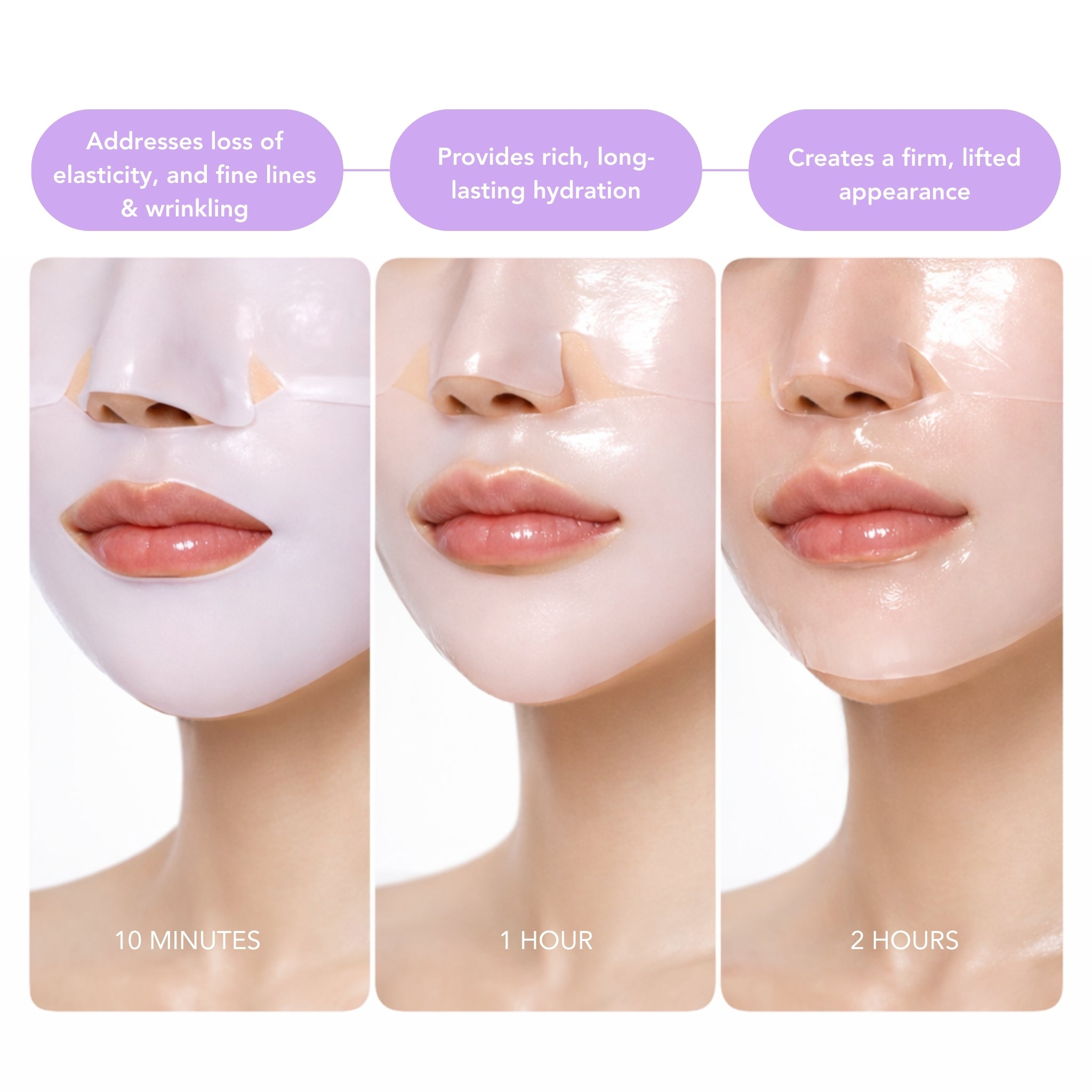 3 images showing stages of lapcos collagen overnight face mask in 10 mins, 1 hour, and 2 hours of use
