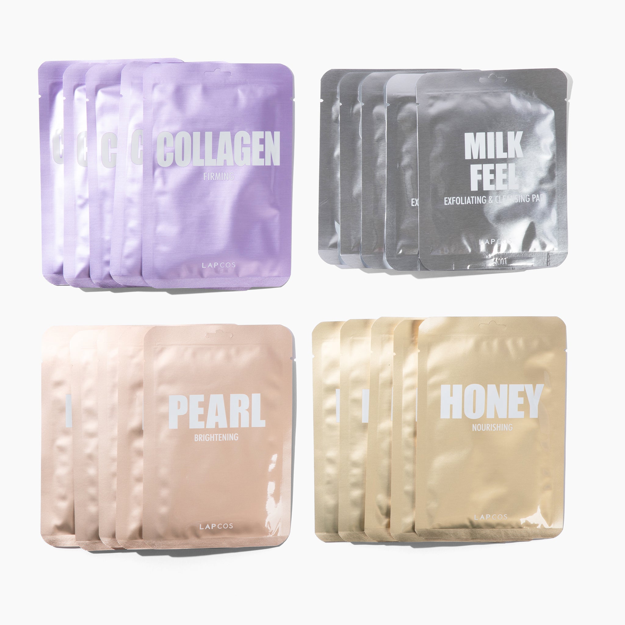 Collection of 4 LAPCOS sheet mask packs: collagen, milk feel, pearl, and honey face mask sets